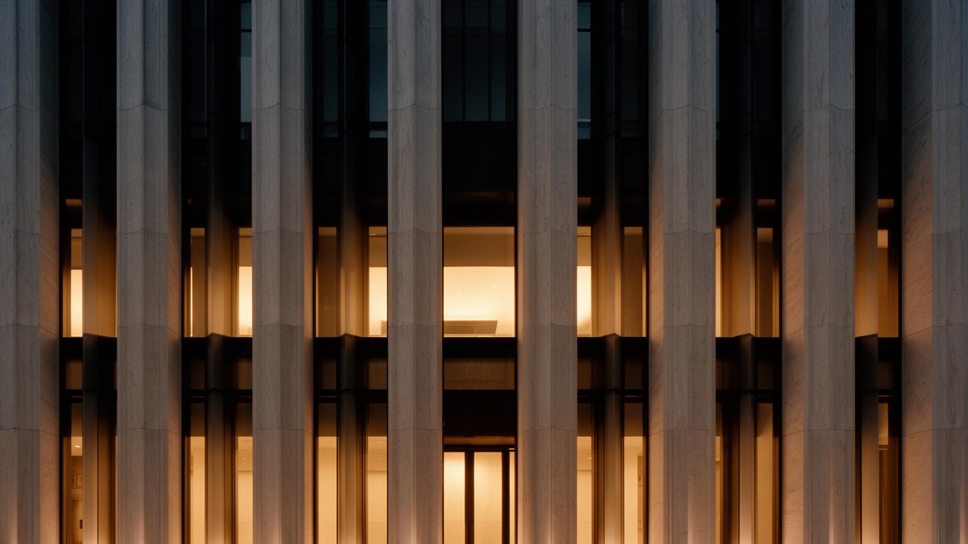 Institutional stone and glass facade at dusk